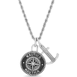 imageNautica Oxidized Stainless Steel Black Enamel Compass Anchor Rope Chain Necklace for Men