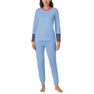 imageNautica Striped Lightweight Cotton Pajama PJ Set for Women Womens Long Sleeve PJs Pajamas Crewneck Shirt ampamp Jogger Pants SetsBlue Stp