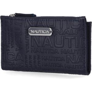 imageNautica High Tide Small Wallet for Women RFID Blocking Slim Credit Card Holder with Zipper Coin Pocket Bifold Compact Wallet with ID Window BlackIndigo Printed