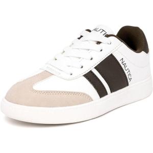 imageNautica Boys Girls Casual Fashion Shoes  Comfortable Soccer Classic Walking Tennis Sneakers for Kids  Breathable Lightweight ampamp Flexible Lace UpBungee LowTopHigh TopWhite Light Olive