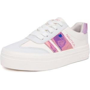 imageNautica Boys Girls Casual Fashion Shoes  Comfortable Soccer Classic Walking Tennis Sneakers for Kids  Breathable Lightweight ampamp Flexible Lace UpBungee LowTopHigh TopWhite Pink Metallic