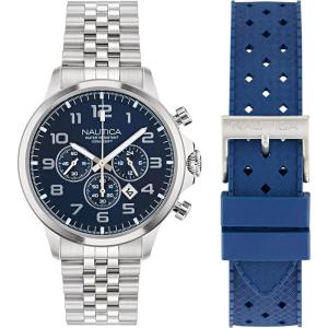 imageNautica Mens Stainless Steel Bracelet ampamp Blue Rubber Strap Watch Model NAPBOS406