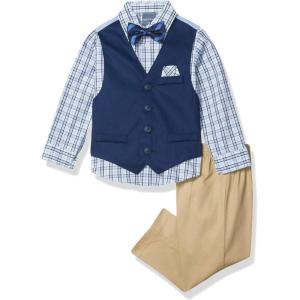 imageNautica boys 4 piece Formal Suit Set Vest Pants Collared Dress Shirt and TieKhakiNavy