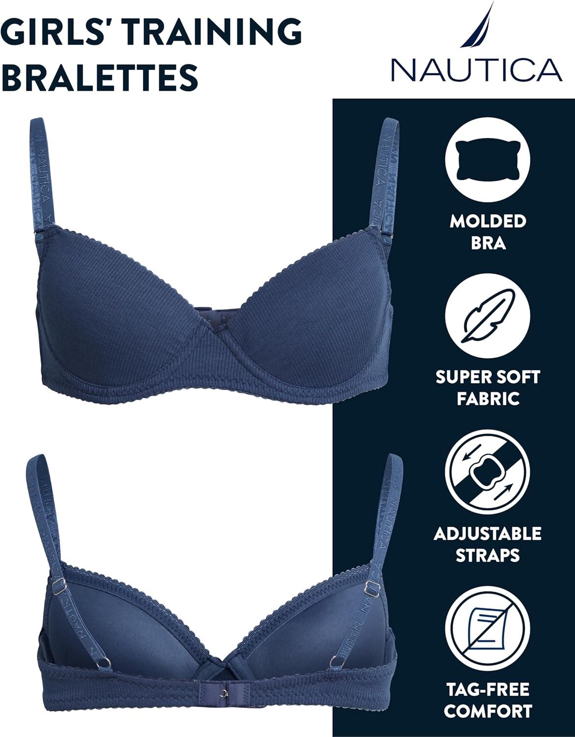 imageNautica Girls Training Bra  2 Pack3 Pack ACup Ribbed Molded Starter Bras for Teens with Adjustable Strap Sizes 30A36AMedium Grey HeatherVintage Indigo 2pk Molded Rib