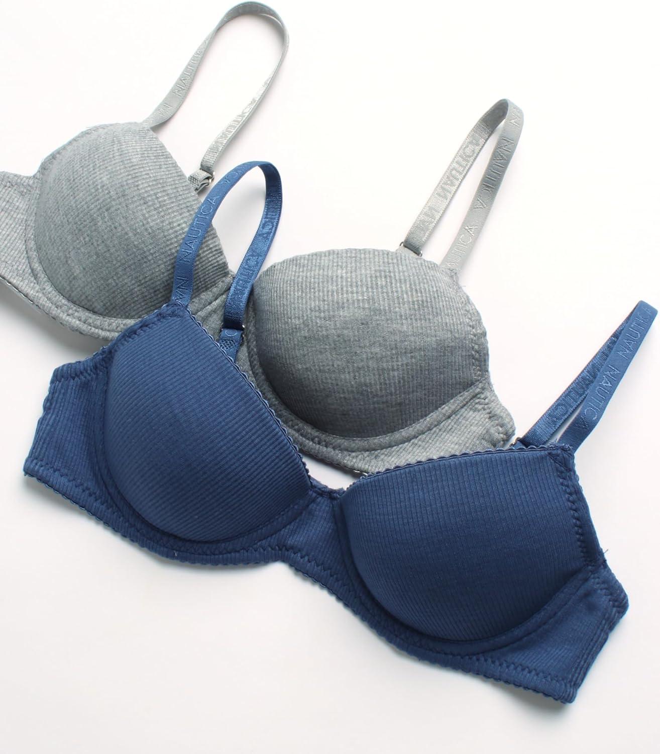 imageNautica Girls Training Bra  2 Pack3 Pack ACup Ribbed Molded Starter Bras for Teens with Adjustable Strap Sizes 30A36AMedium Grey HeatherVintage Indigo 2pk Molded Rib