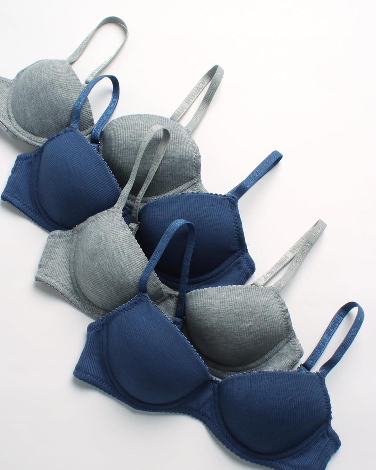 imageNautica Girls Training Bra  4 Pack6 Pack ACup Ribbed Molded Starter Bras for Teens with Adjustable Strap Sizes 30A36AMedium Grey HeatherVintage Indigo 4pk Molded Rib