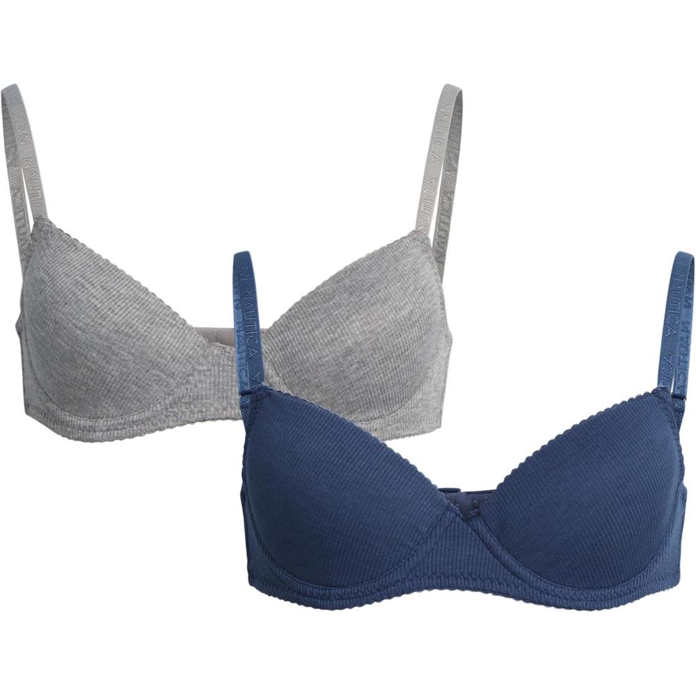 imageNautica Girls Training Bra  2 Pack3 Pack ACup Ribbed Molded Starter Bras for Teens with Adjustable Strap Sizes 30A36AMedium Grey HeatherVintage Indigo 2pk Molded Rib