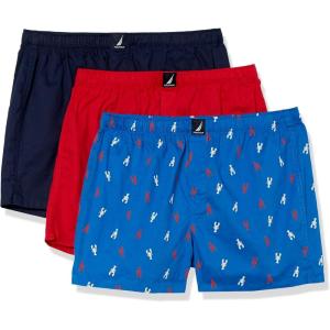 imageNautica Mens Cotton Woven 3 Pack BoxerPeacoatBright Red2 Colorlobster