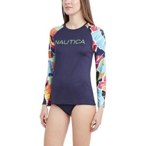 imageNautica Womens Standard Long Sleeve Rashguard UPF 30 Uv Sun Protection Swim ShirtLimeMulti