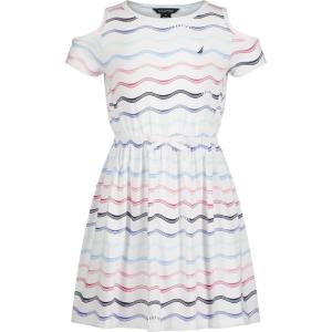 imageNautica Girls Short Sleeve Jersey Tee Dress with Elastic Cinched Waist Fun Designs ampamp ColorsWhite Multistripe