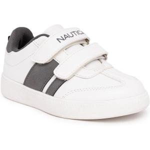imageNautica Kids Double Strap Sneakers  Casual Athletic Shoes for Boys and Girls  Durable and Comfortable Fit for Toddlers and Little KidsWhite Grey Stripes