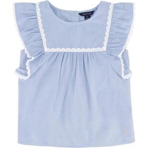 imageNautica Girls Short Sleeve Chambray Shirt Cotton Top with Flutter Shoulders ampamp Crochet TrimLight Chambray 22