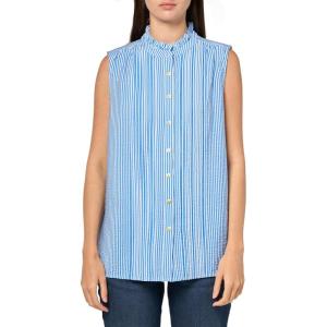 imageNautica Womens Sleeveless Pintuck Ruffle Neck Tile Print Striped ShirtPacificBright White