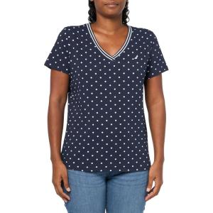 imageNautica Womens Solid VNeck Short Sleeve TShirtNight SkyWhite Bright