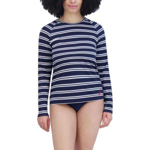 imageNautica Womens Standard Rashguard  QuickDry UPF Protection Swim Shirt Pool Beach Hiking Yoga VolleyballBlue White Stripe