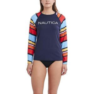 imageNautica Womens Standard Rashguard  QuickDry UPF Protection Swim Shirt Pool Beach Hiking Yoga VolleyballNewport Stripe