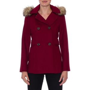 imageNautica Womens Soft Wool Blend Peacoat  Double Breasted Winter Coat with Detachable HoodRed