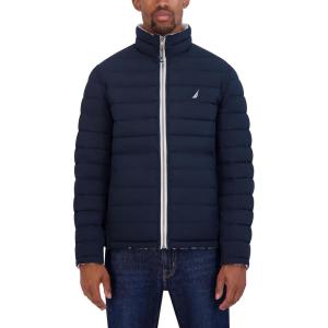 imageNautica Mens Reversible Quilted Puffer Jacket Midweight Mechanical Stretch Winter CoatCloud Grey