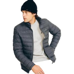 imageNautica Mens Reversible Quilted Puffer Jacket Midweight Mechanical Stretch Winter CoatGrey  Black X White