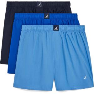 imageNautica mens Cotton Woven 3 Pack BoxerPeacoatSea CobaltAero Bluewhite J Class Logo
