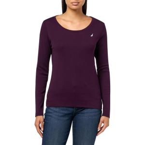 imageNautica Womens Long Sleeve Solid Scoop Neck Cotton TShirtAubergine