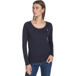 imageNautica Womens Long Sleeve Solid Scoop Neck Cotton TShirtNight Sky