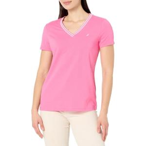imageNautica Womens Solid VNeck Short Sleeve TShirtSangria Sunset