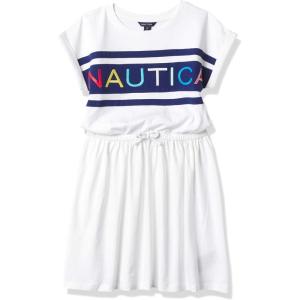 imageNautica Girls Short Sleeve Jersey Tee Dress with Elastic Cinched Waist Fun Designs ampamp ColorsWhite