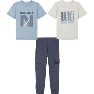 imageNautica babyboys 3 Pc Two Tee Pant SetFarina HeatherCeruleanVintage Indigo