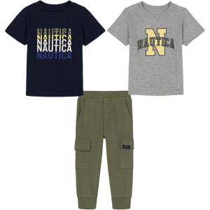 imageNautica babyboys 3 Pc Two Tee Pant SetHeather MistNavy BlazerDeep Lichen Green