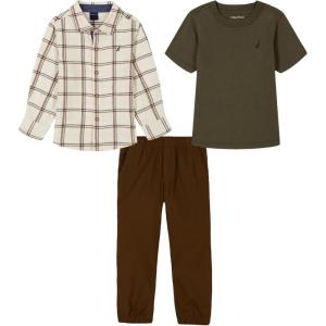 imageNautica babyboys 3pc Woven Shirt Pant SetGrape LeafFarina HeatherCrew Brown