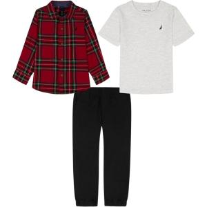 imageNautica babyboys 3pc Woven Shirt Pant SetWhit HeatherPlaidDeel Black