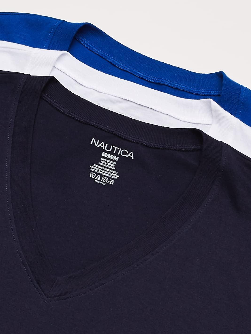 imageNautica Mens Cotton VNeck 3Pack TShirtPeacoatCobaltWhite