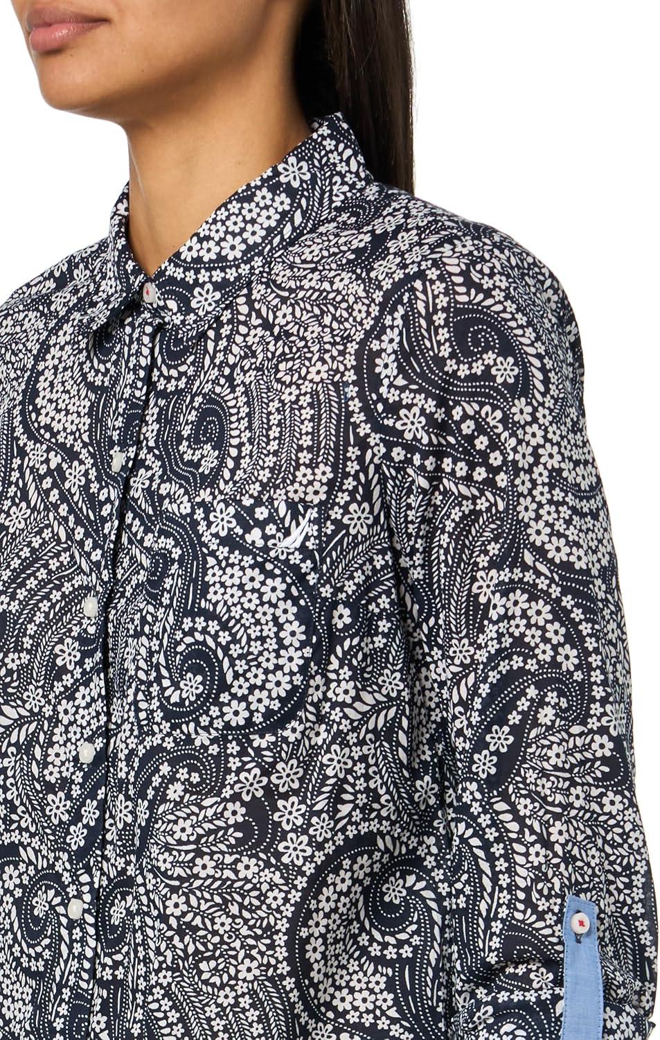 imageNautica Womens Button Front Long Sleeve Roll Tab ShirtNight Sky White Cap