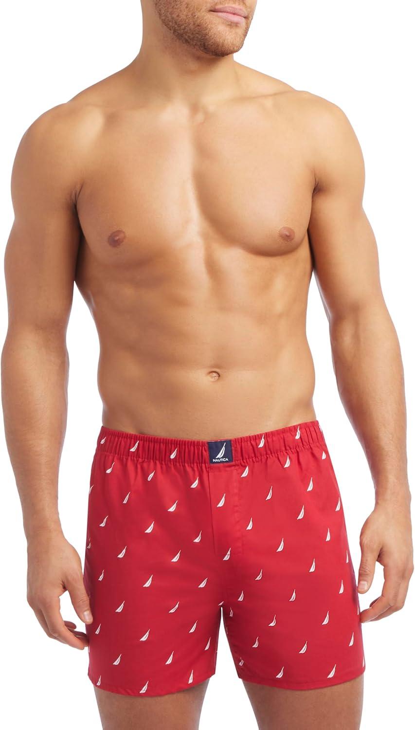 imageNautica mens Cotton Woven 3 Pack BoxersBlackSail BlackwhiteSail Nautica Red