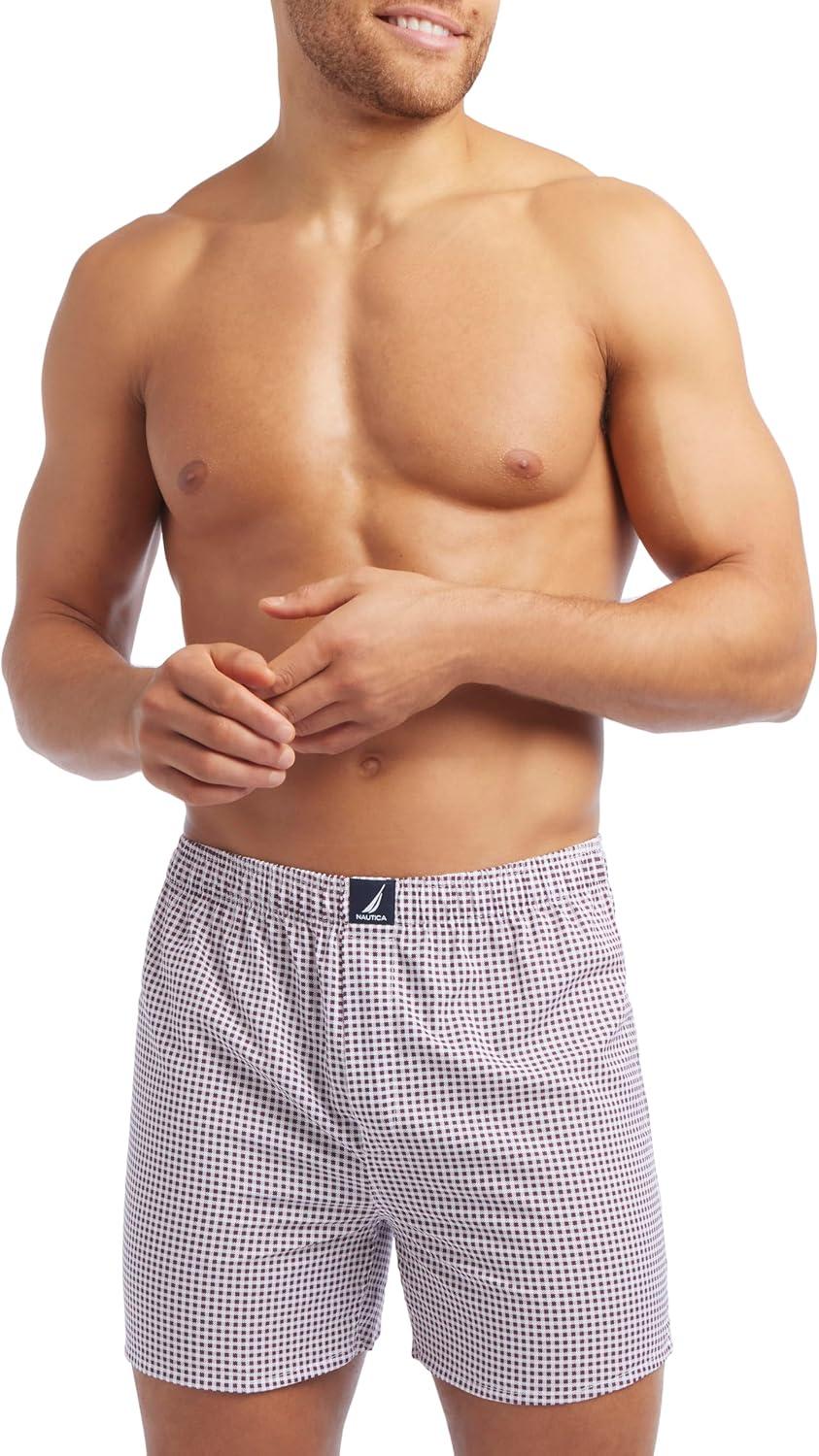 imageNautica mens Cotton Woven 3 Pack BoxersGinghampeacoatHunter GreenWine