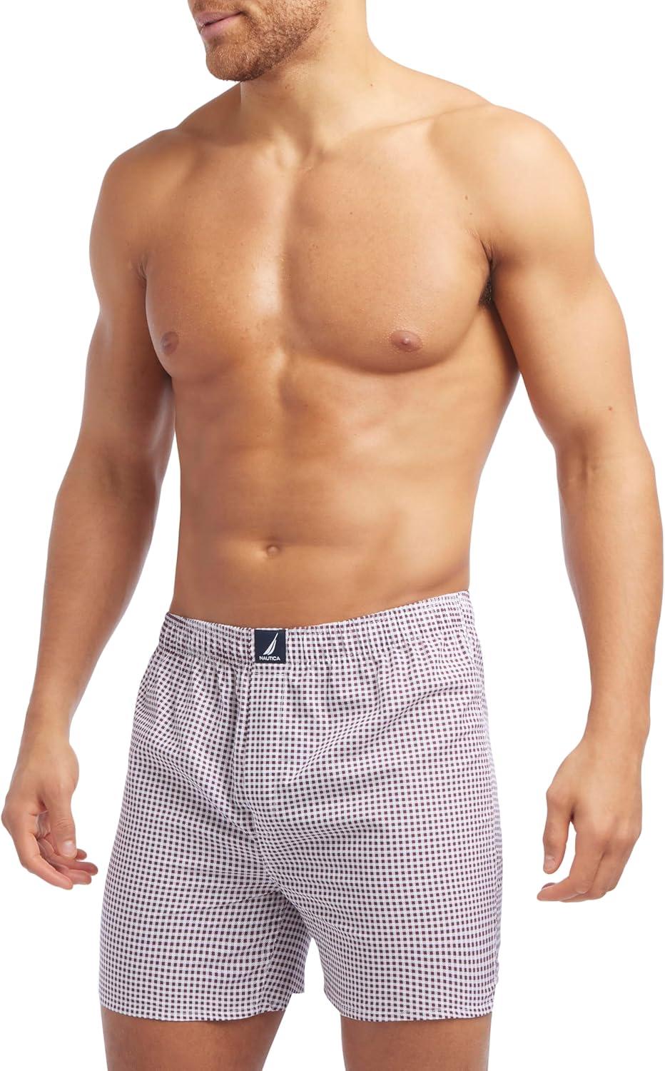 imageNautica mens Cotton Woven 3 Pack BoxersGinghampeacoatHunter GreenWine