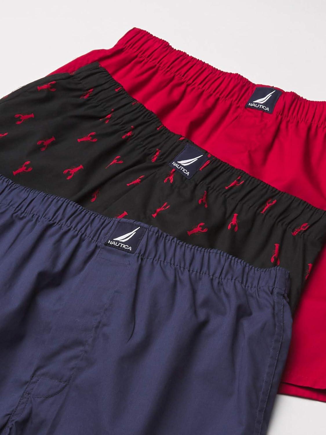 imageNautica mens Cotton Woven 3 Pack BoxersNautica RedPeacoatLobsterblack