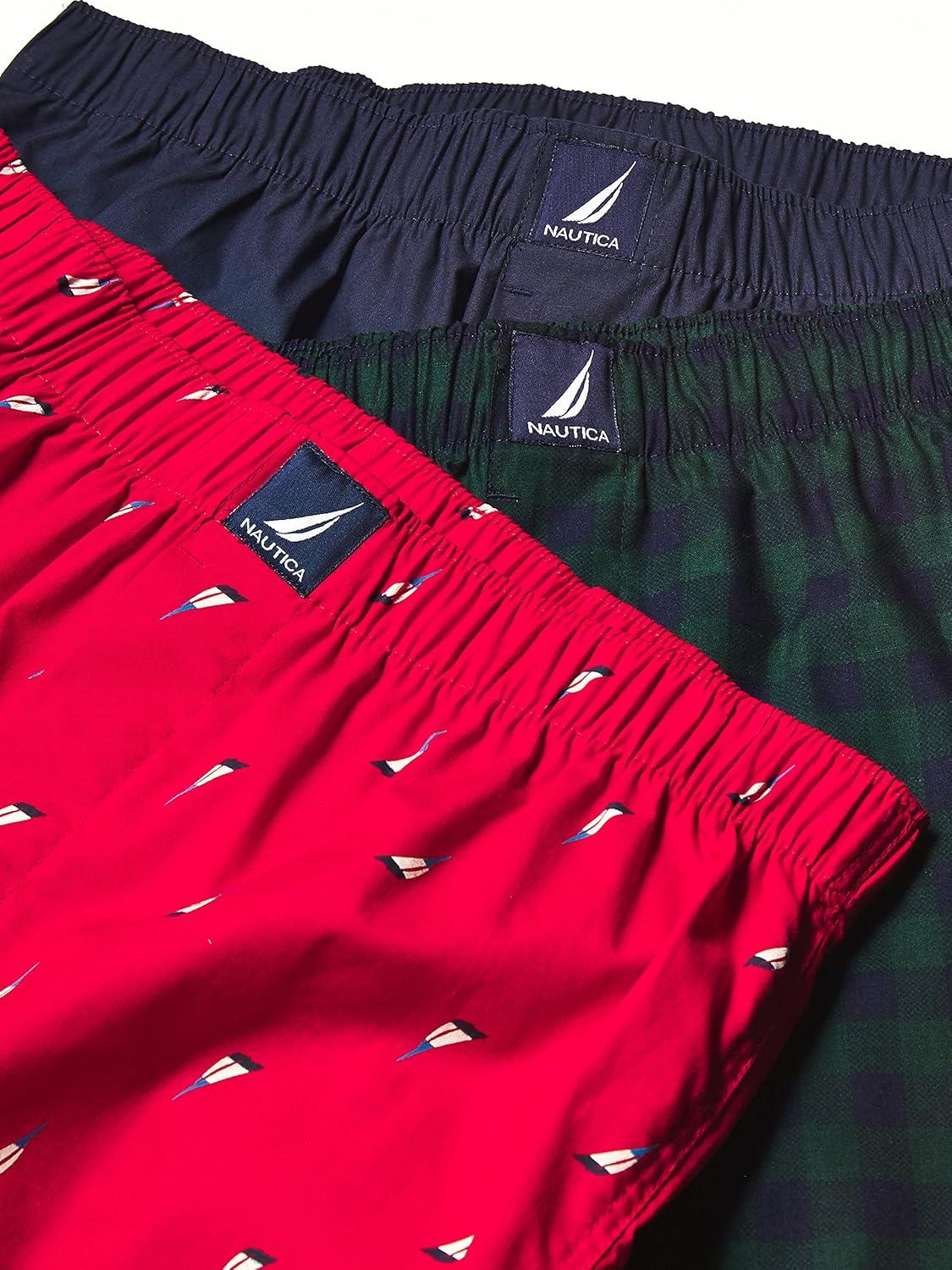 imageNautica mens Cotton Woven 3 Pack BoxersPeacoatBuffalo Checktidal GreenHoliday Sail Printred