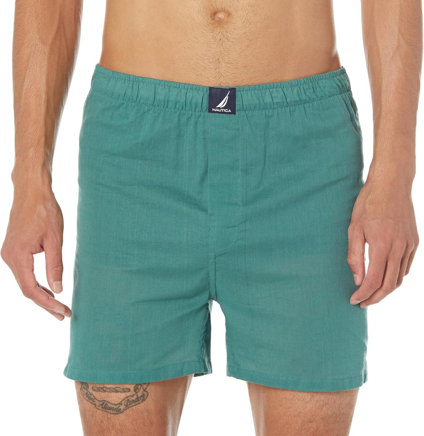 imageNautica mens Cotton Woven 3 Pack BoxersPeacoatTidal GreenSailsnautica Red Holiday