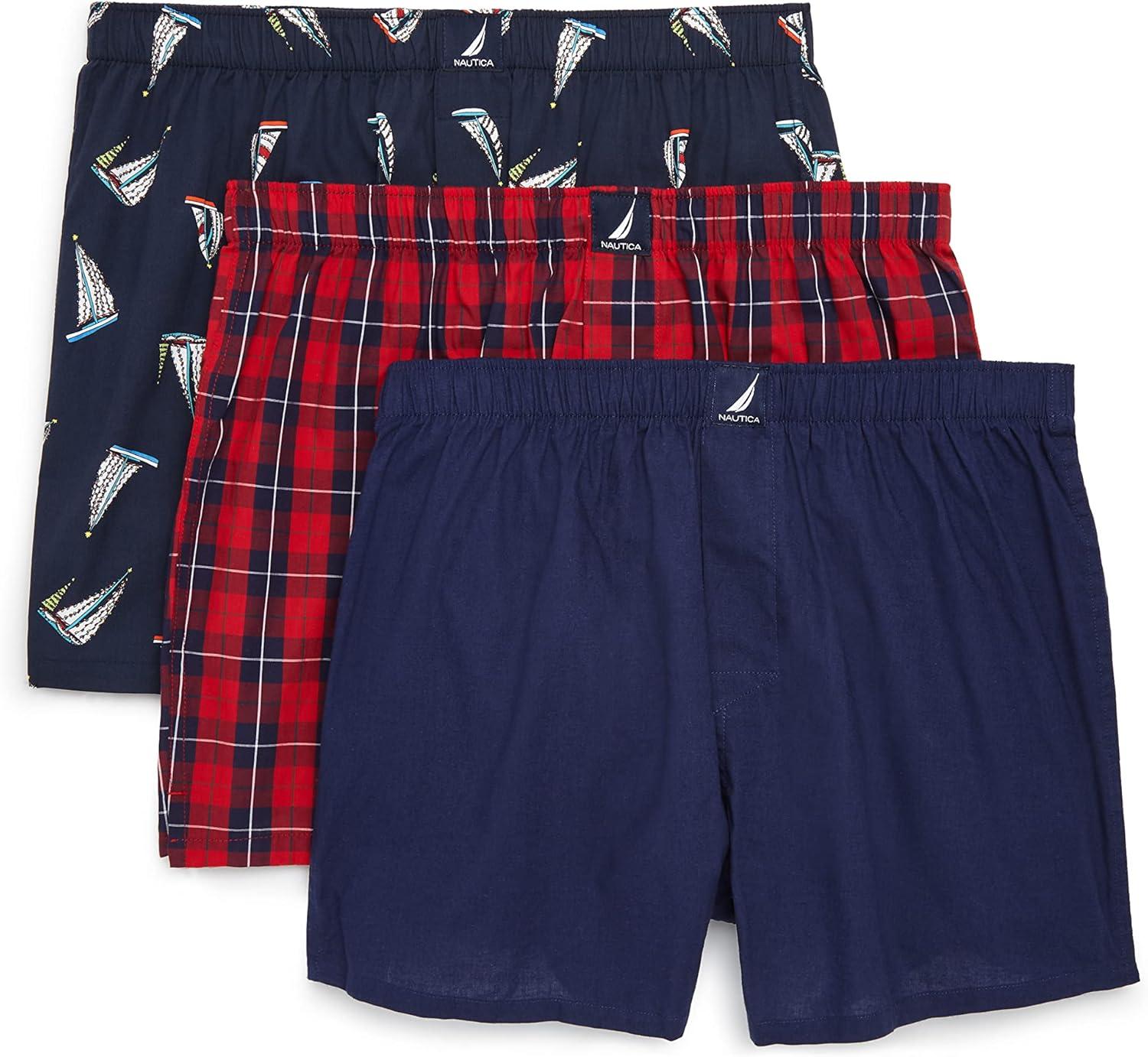 imageNautica mens Cotton Woven 3 Pack BoxersPeacoatWinter PlaidredHoliday Sailboatspeacoat