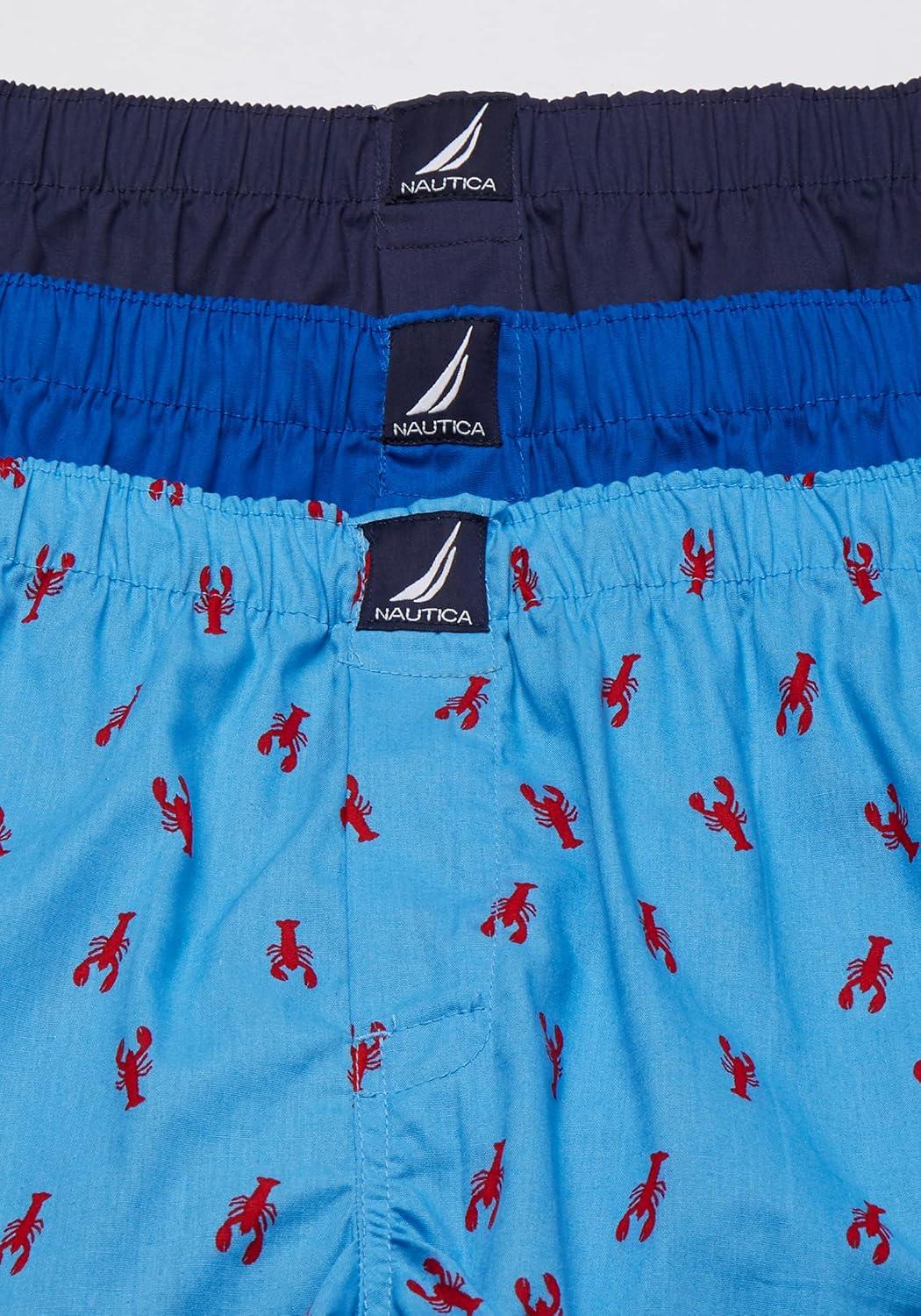 imageNautica mens Cotton Woven 3 Pack BoxersSea CobaltPeacoatLobsteraero Blue