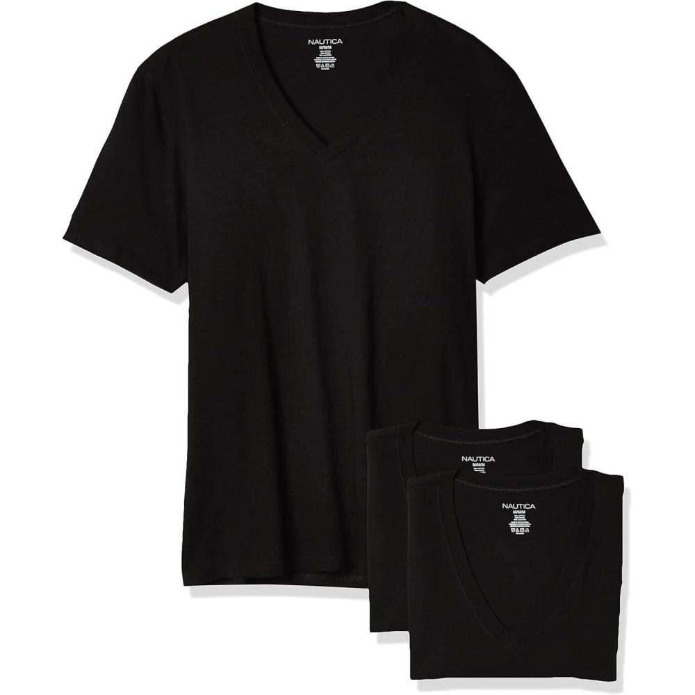 imageNautica Mens Cotton VNeck 3Pack TShirtBlack New