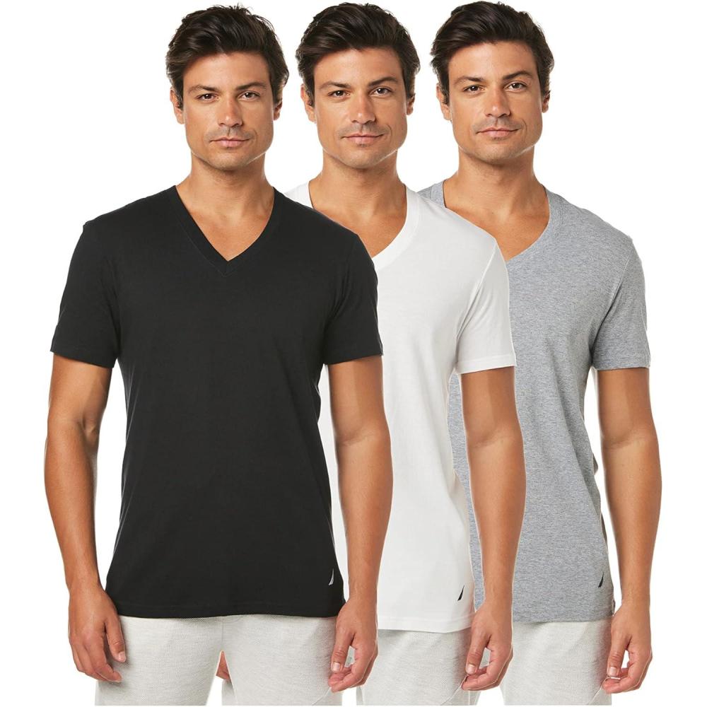 imageNautica Mens Cotton VNeck 3Pack TShirtNew WhiteBlackHeather Grey