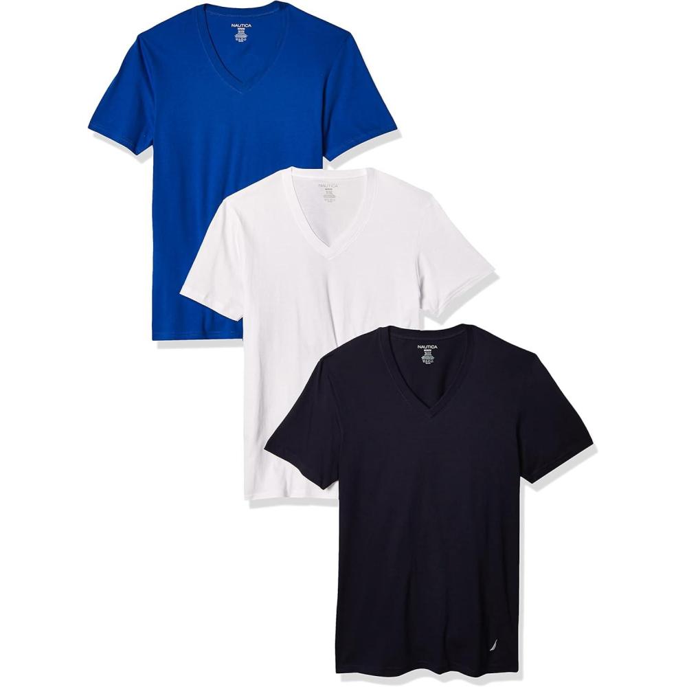 imageNautica Mens Cotton VNeck 3Pack TShirtPeacoatCobaltWhite