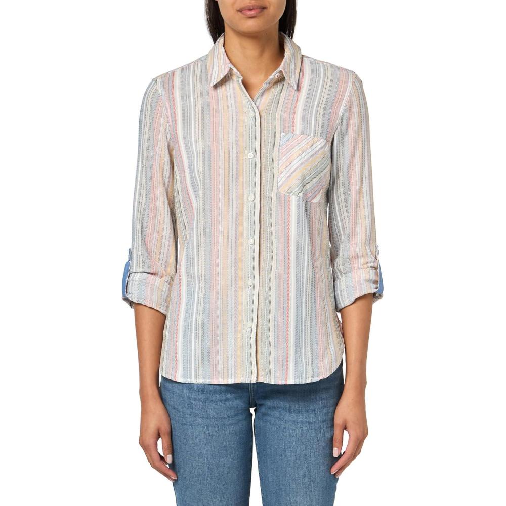 imageNautica Womens Button Front Long Sleeve Roll Tab ShirtPink Multi