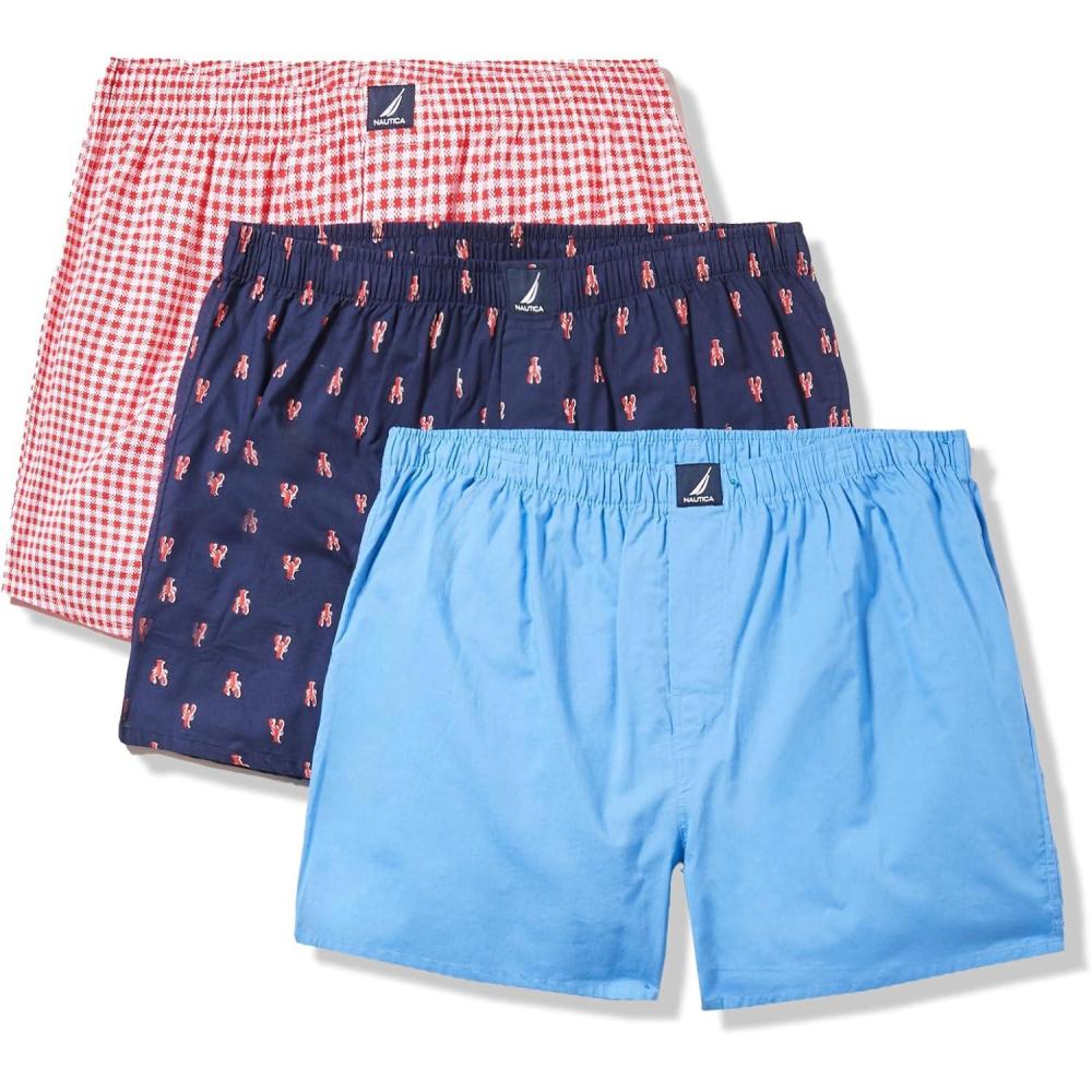 imageNautica mens Cotton Woven 3 Pack BoxersAero BlueGinghamrose CoralLobster Print