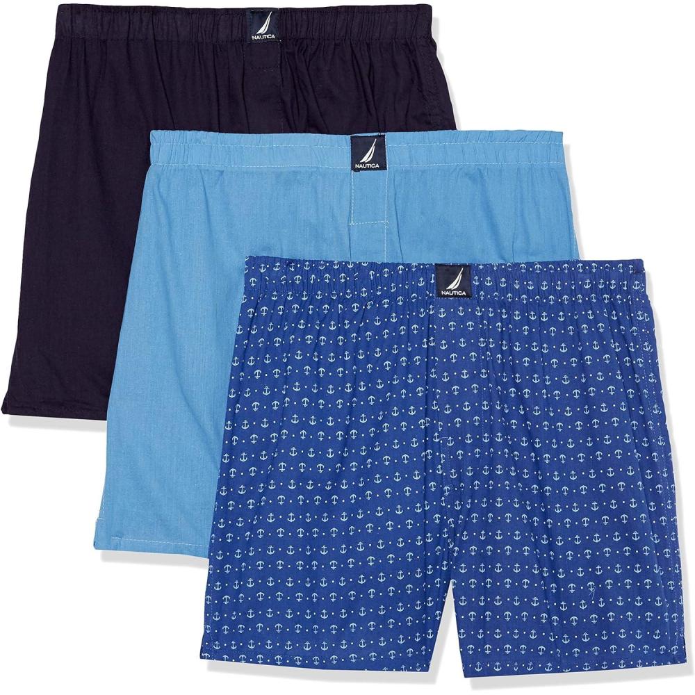 imageNautica mens Cotton Woven 3 Pack BoxersAero BluePeacoatAnchorbright Cobalt