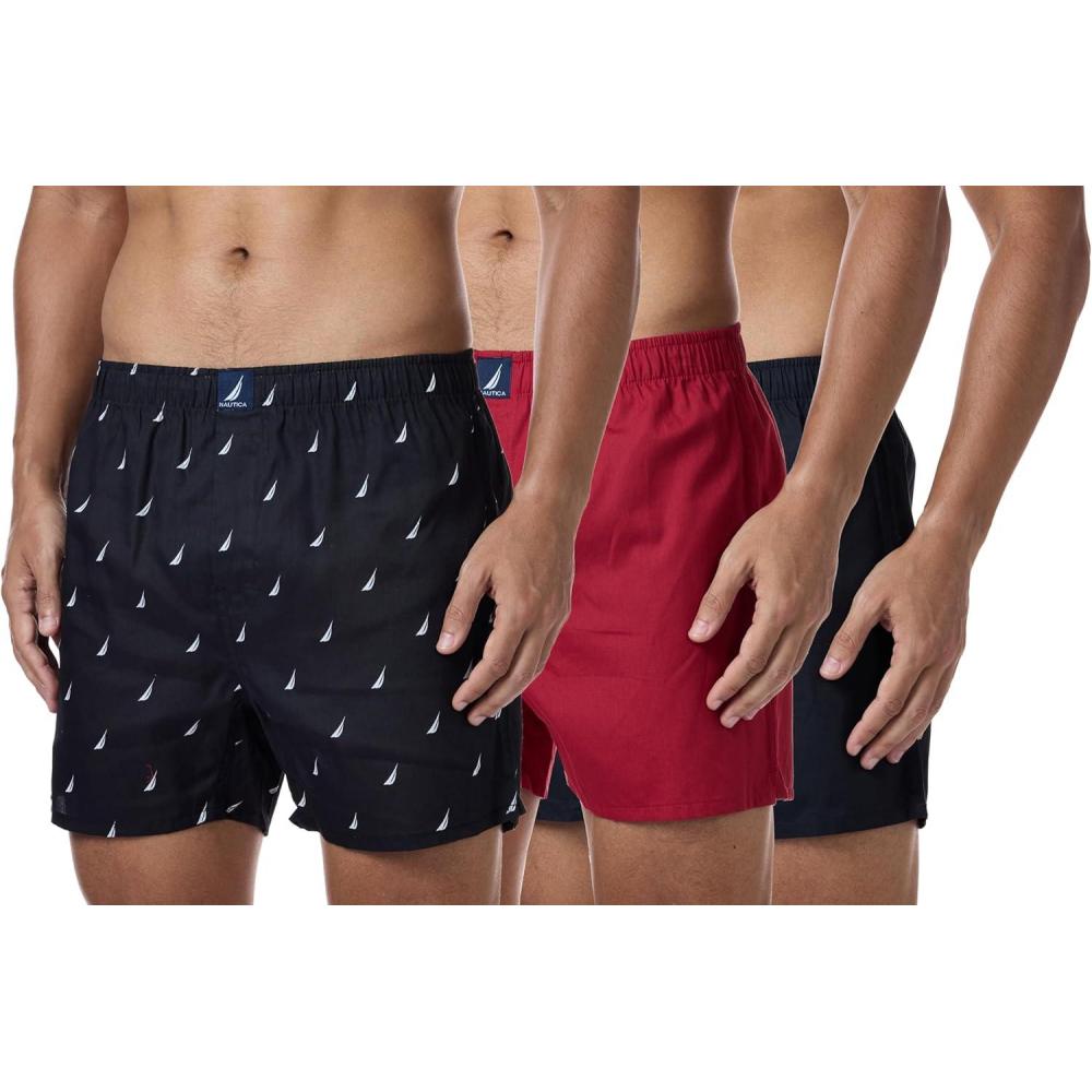 imageNautica mens Cotton Woven 3 Pack BoxersBlackNautica RedSails Black