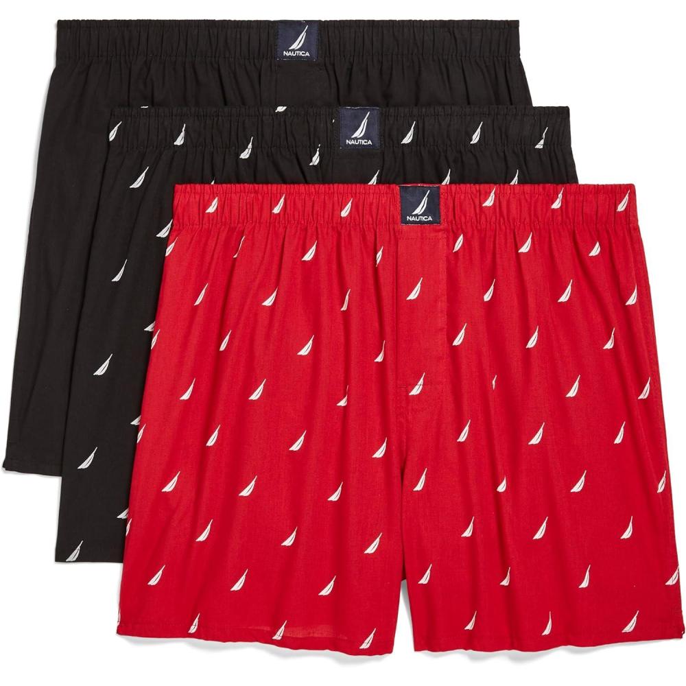 imageNautica mens Cotton Woven 3 Pack BoxersBlackSail BlackwhiteSail Nautica Red